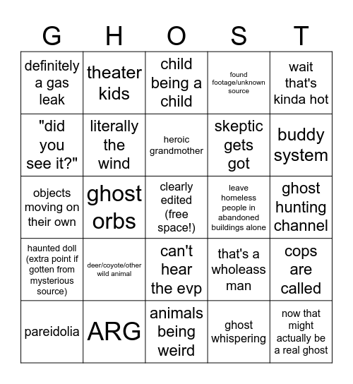 Ghost Video Bingo Card