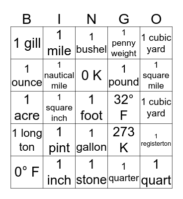 Empirial system vs. Metric system Bingo Card