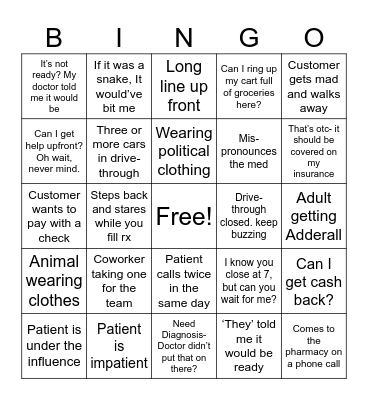 Pharmacy Bingo Card