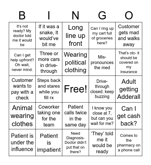 Pharmacy Bingo Card