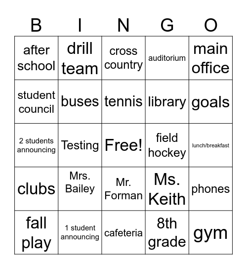 AM Announcements Bingo Card