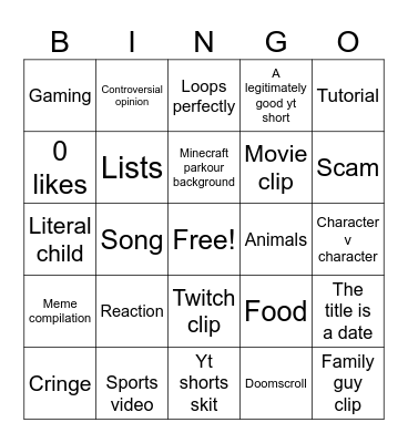 YouTube shorts Bingo Card