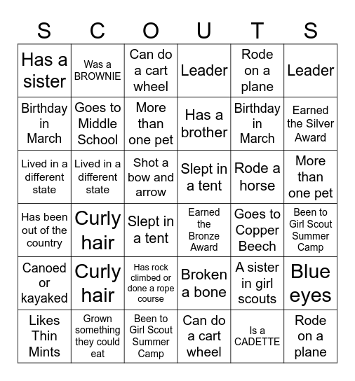 Welcome Back Girl Scout Troop 2278 Bingo Card