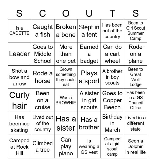 Welcome Back Girl Scout Troop 2278 Bingo Card