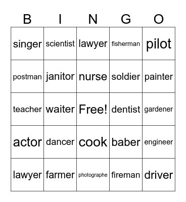 Occupations Bingo Card