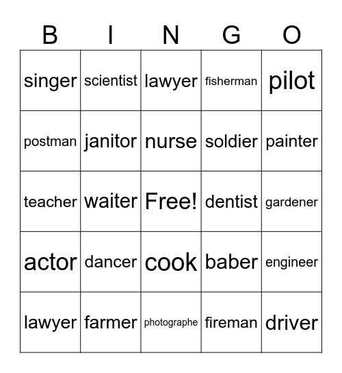 Occupations Bingo Card