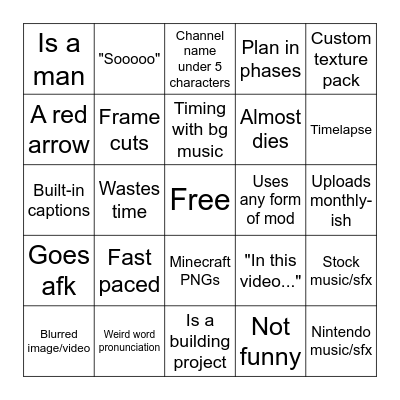 Minecraft hardcore videos card Bingo Card