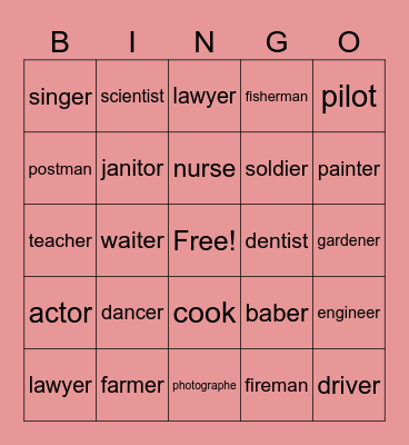 Occupations Bingo Card