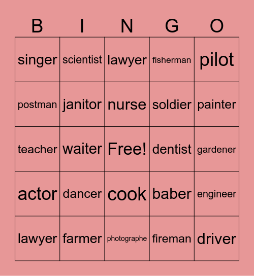 Occupations Bingo Card