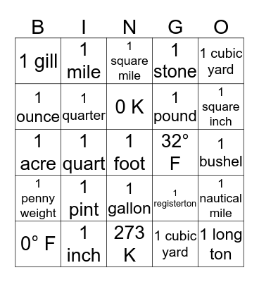 Empirial system vs. Metric system Bingo Card