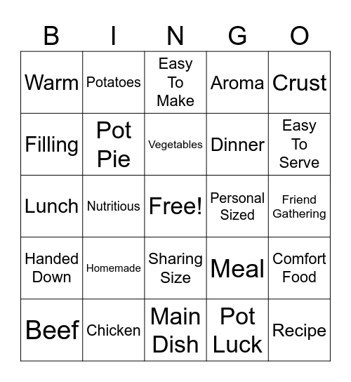 Pot Pie Themed Bingo Card