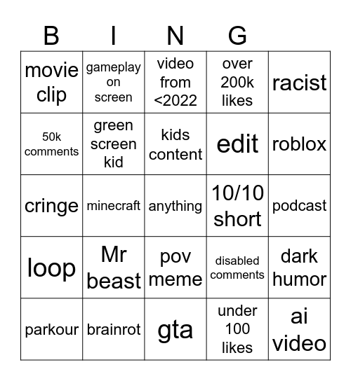 shorts Bingo Card