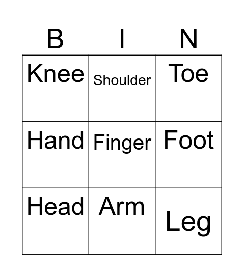 Body parts Bingo Card