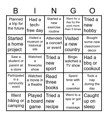 Teacher Summer Bingo Card
