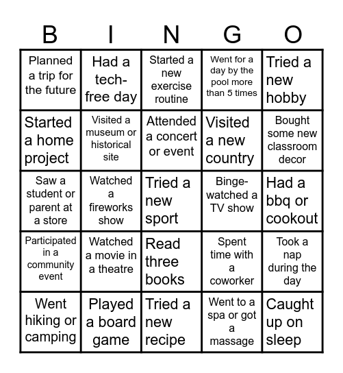 Teacher Summer Bingo Card