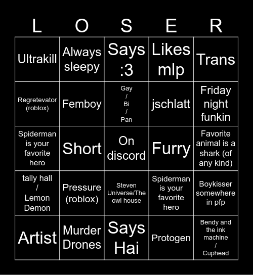 Loser bingo Card