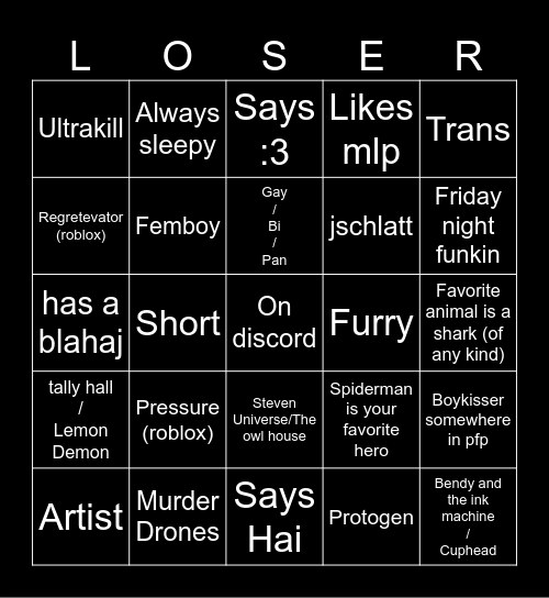 Loser bingo Card