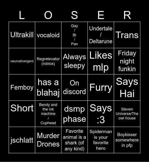 Loser bingo Card