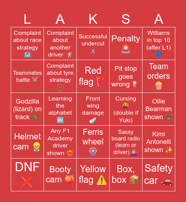 Singapore GP Bingo Card