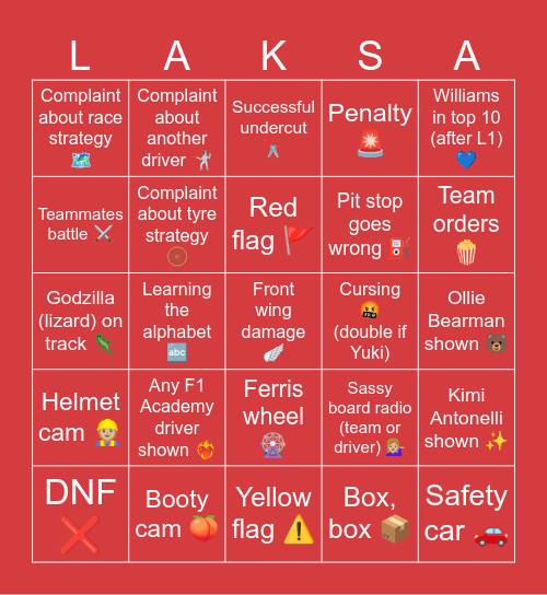 Singapore GP Bingo Card