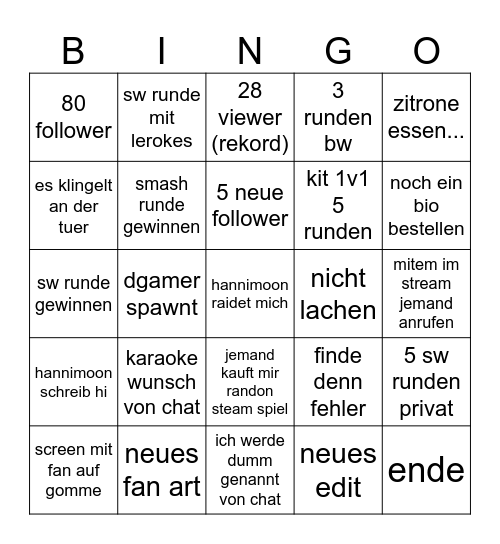 stream bingo Card