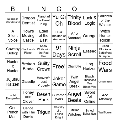 Anime Series Bingo Card