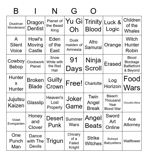 Anime Series Bingo Card