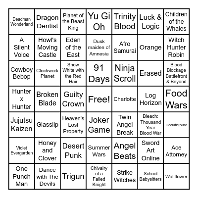 Anime Title Bingo Card