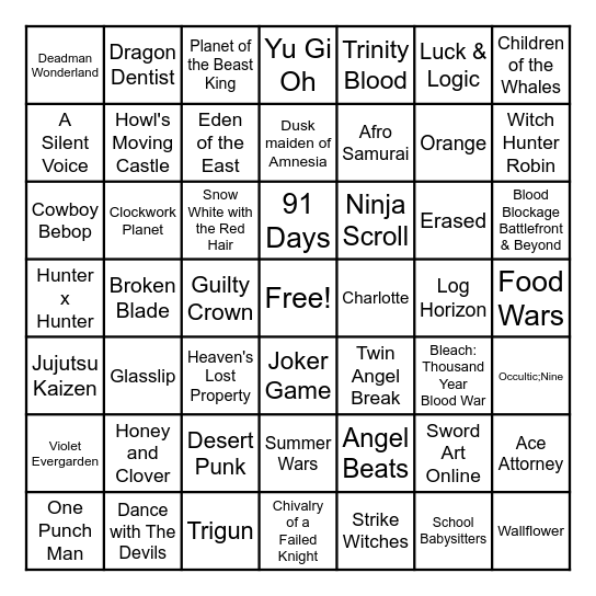 Anime Title Bingo Card