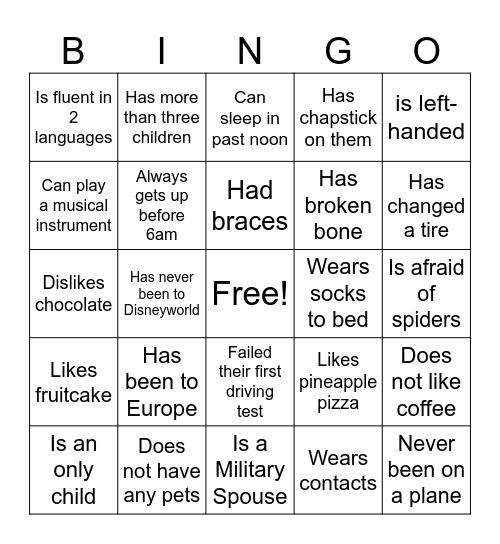 IceBreaker Bingo Card