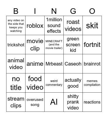 youtube shorts Bingo Card