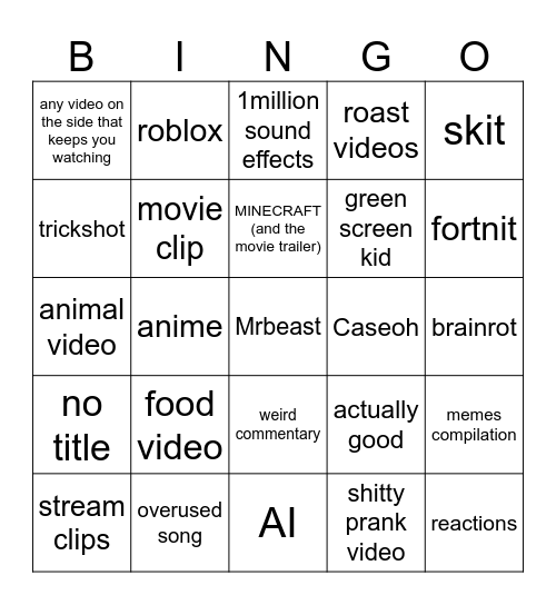 youtube shorts Bingo Card