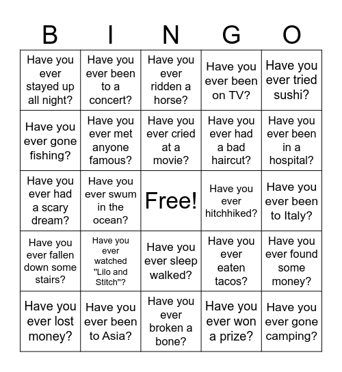 Have you ever Bingo Card