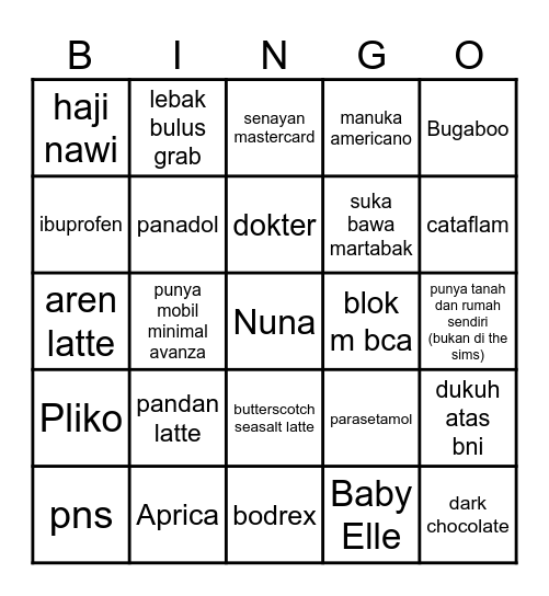 yang nyontek, bisulan Bingo Card