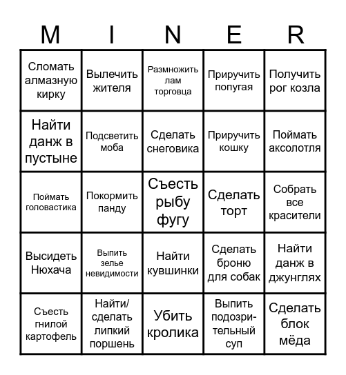 Mincraft BINGO Card