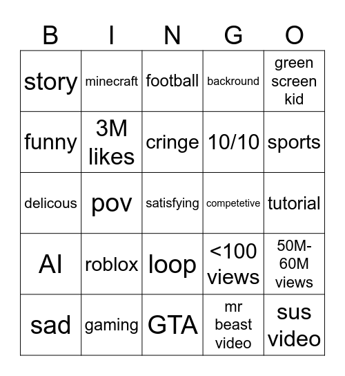 youtube shorts bingo Card