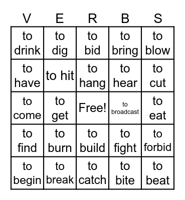 Irregular verbs bingo Card