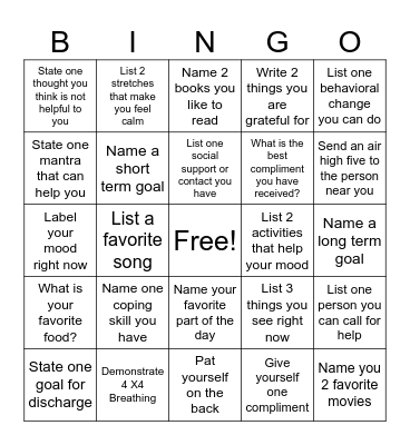 Mental Health Bingo Card