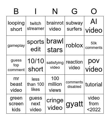 youtube shorts bingo Card