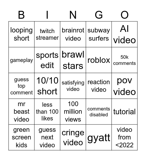 youtube shorts bingo Card