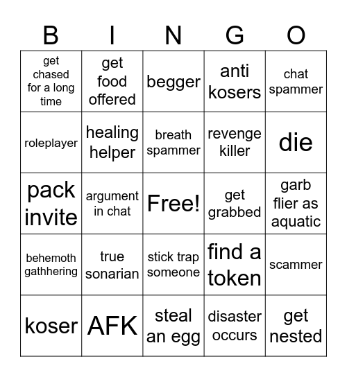 CoS bingo Card