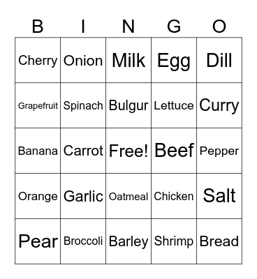 Healthy Foods Bingo Card