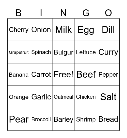 Healthy Foods Bingo Card