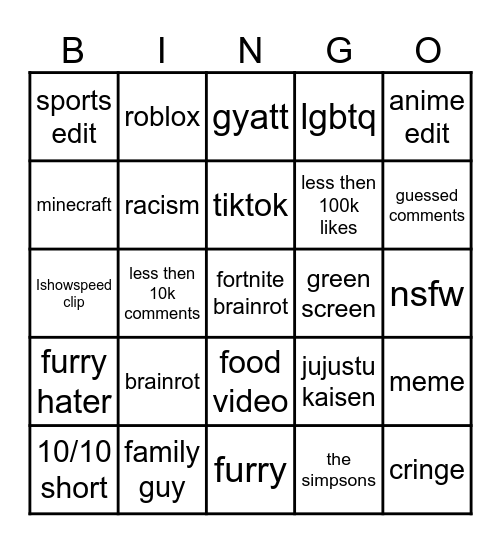 youtube bingo Card