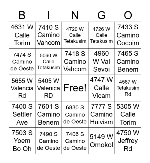 PYT ADDRESSES Bingo Card