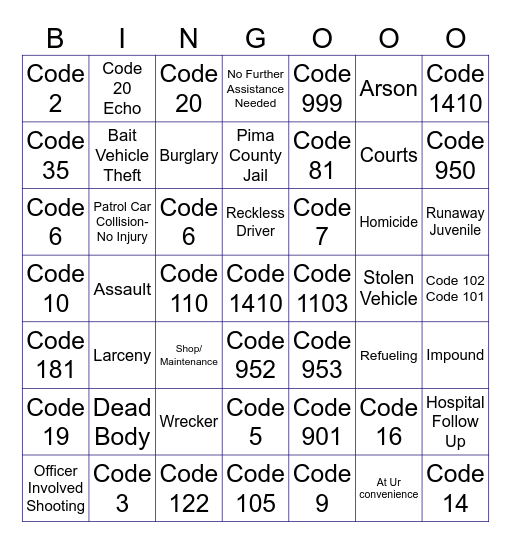 Supplemental Codes Bingo Card