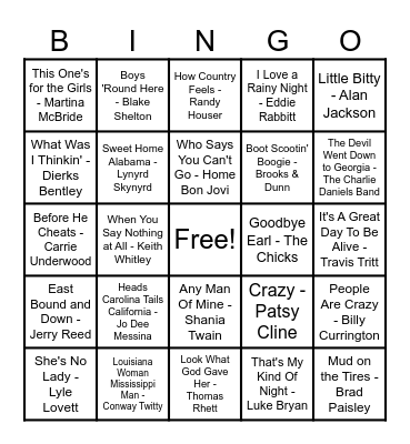Country Hits! Bingo Card