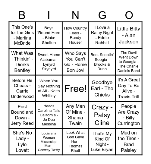 Country Hits! Bingo Card