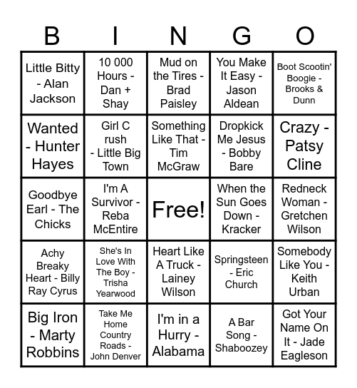 Country Hits! Bingo Card