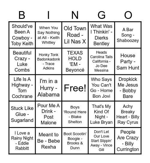 Country Hits! Bingo Card